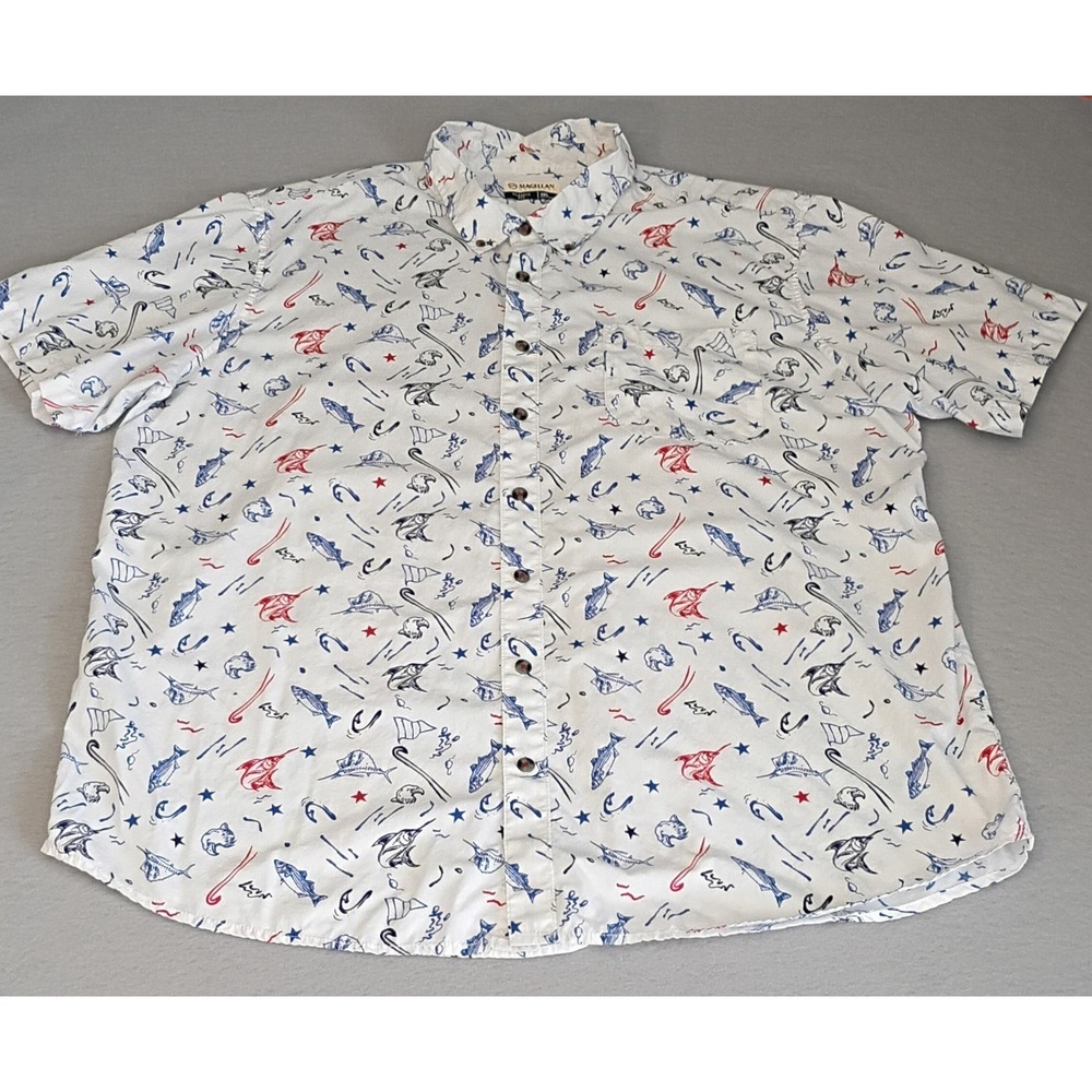Magellan Short Sleeve Classic Fit Red/White/Blue Fish Sz 2XL Vacation Patriotic‎